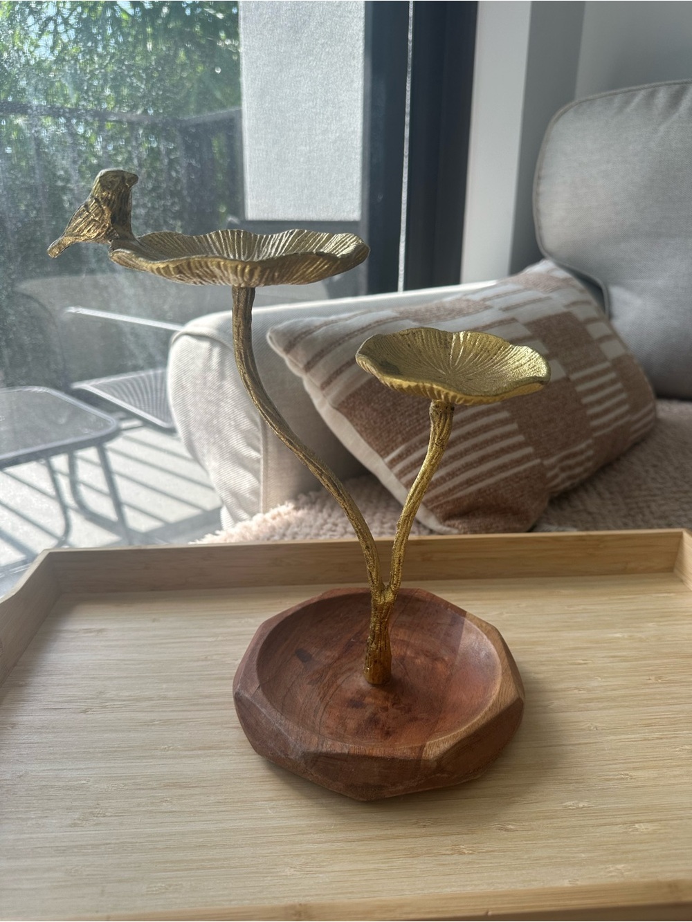 Gold Bird & Leaf Jewelry Stand on Wood Base